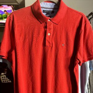 Tommy Hilfiger Red with Logo Custom-Fit 100% Cotton Men's Polo SZ Medium